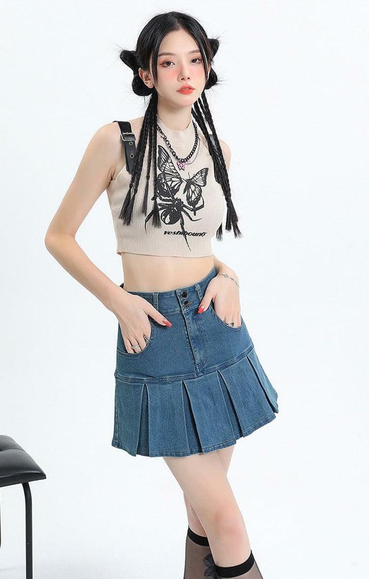 Y2K Pleated Denim Mini Skort for Trendy Summer Outfits and 90s Fashion Vibes