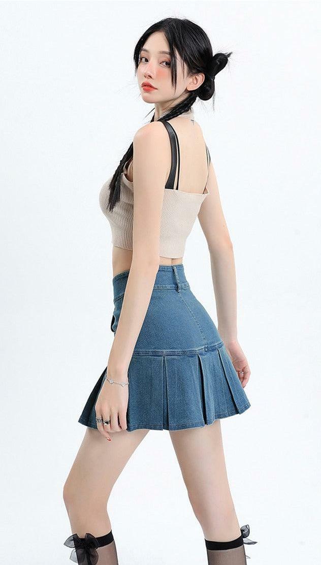 Y2K Pleated Denim Mini Skort for Trendy Summer Outfits and 90s Fashion Vibes