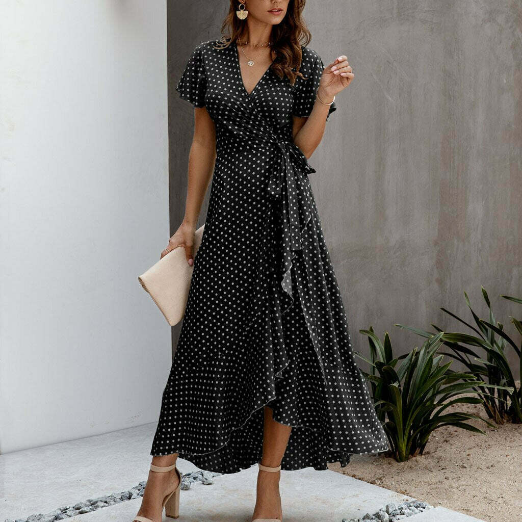 Y2K Polka Dot Chiffon V-Neck Maxi Dress - Cute Coquette Aesthetic for Fall Fashion