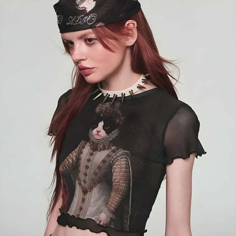 Y2K Princess Cat Crop Top - Trendy Summer Aesthetic Tee for Cute Outfits and Festivals