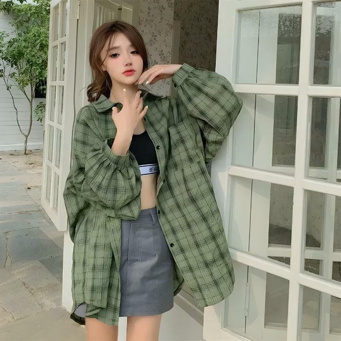 Y2K Puff Sleeved Plaid Shirt - Trendy Grunge Aesthetic Top for Effortless Summer Style