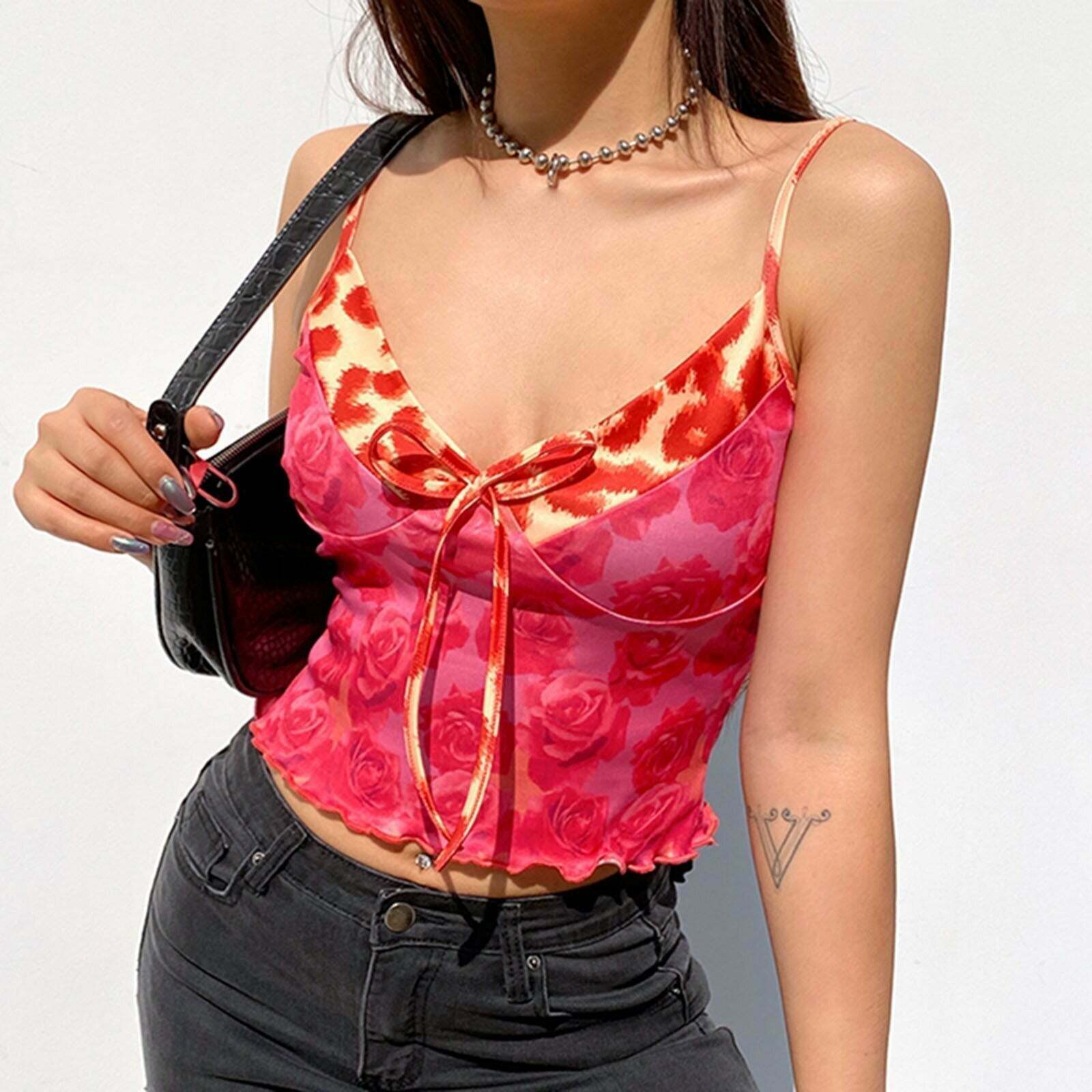 Y2K Rose Print V-Neck Cami Top - Cute Coquette Aesthetic for Stylish Outfits