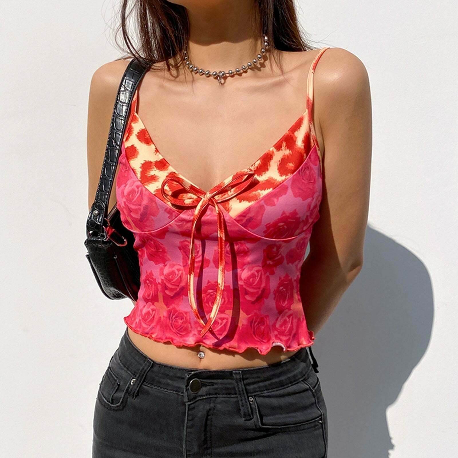 Y2K Rose Print V-Neck Cami Top - Cute Coquette Aesthetic for Stylish Outfits