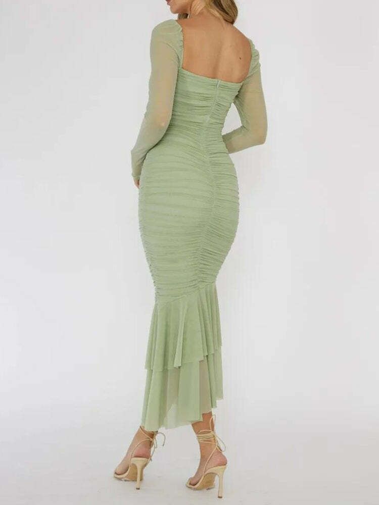 Y2K Ruched Bodycon Midi Dress - Trendy Summer Outfit for a Chic, Stylish Look