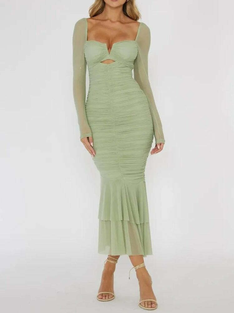 Y2K Ruched Bodycon Midi Dress - Trendy Summer Outfit for a Chic, Stylish Look