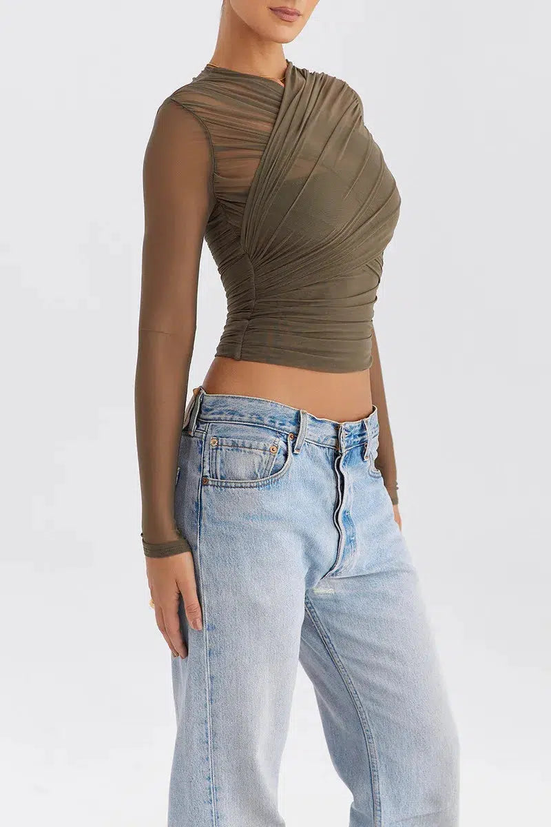 Y2K Ruched Sheer Mesh Zip-Up Top - Trendy Grunge Aesthetic for Summer Outfits