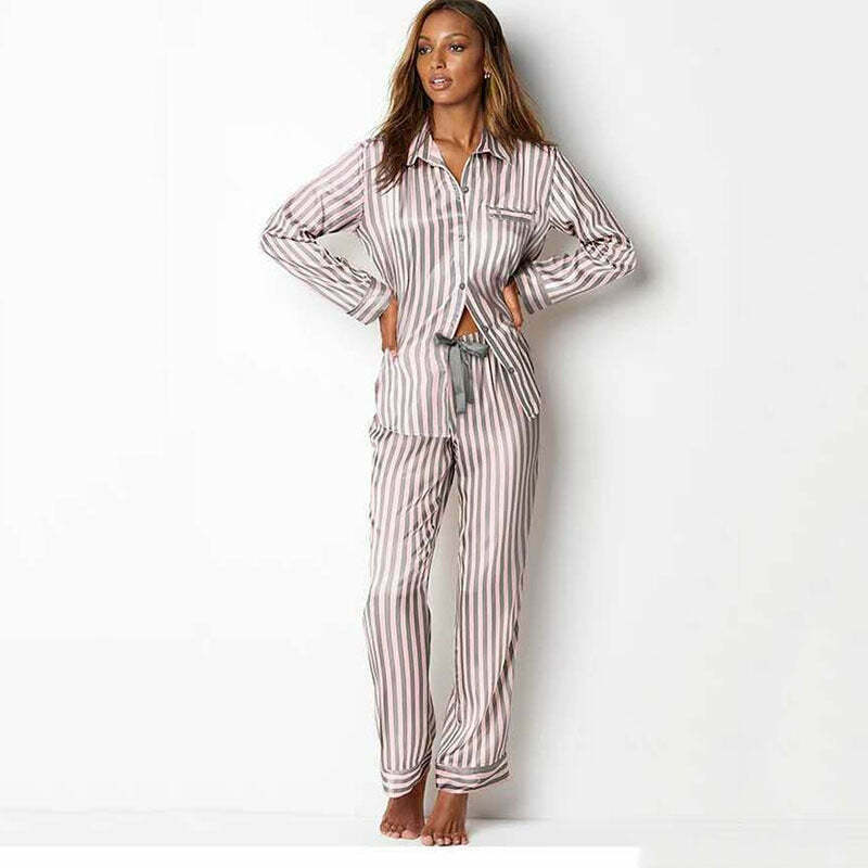 Y2K Satin Silk Striped Sleepwear Set - Coquette Aesthetic & Comfy Style