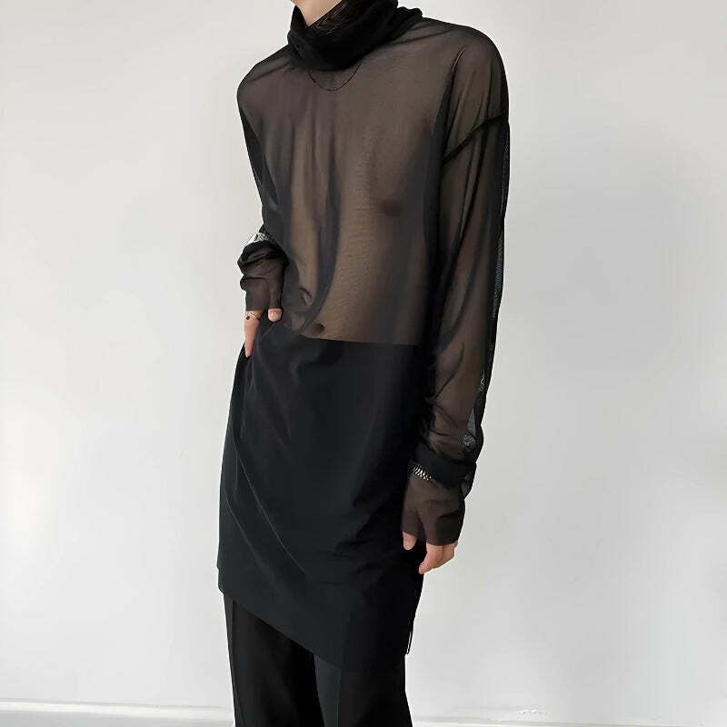 Y2K Sheer Mesh Turtle Neck Top - Trendy Layering Piece for 90s and Grunge Aesthetic Outfits