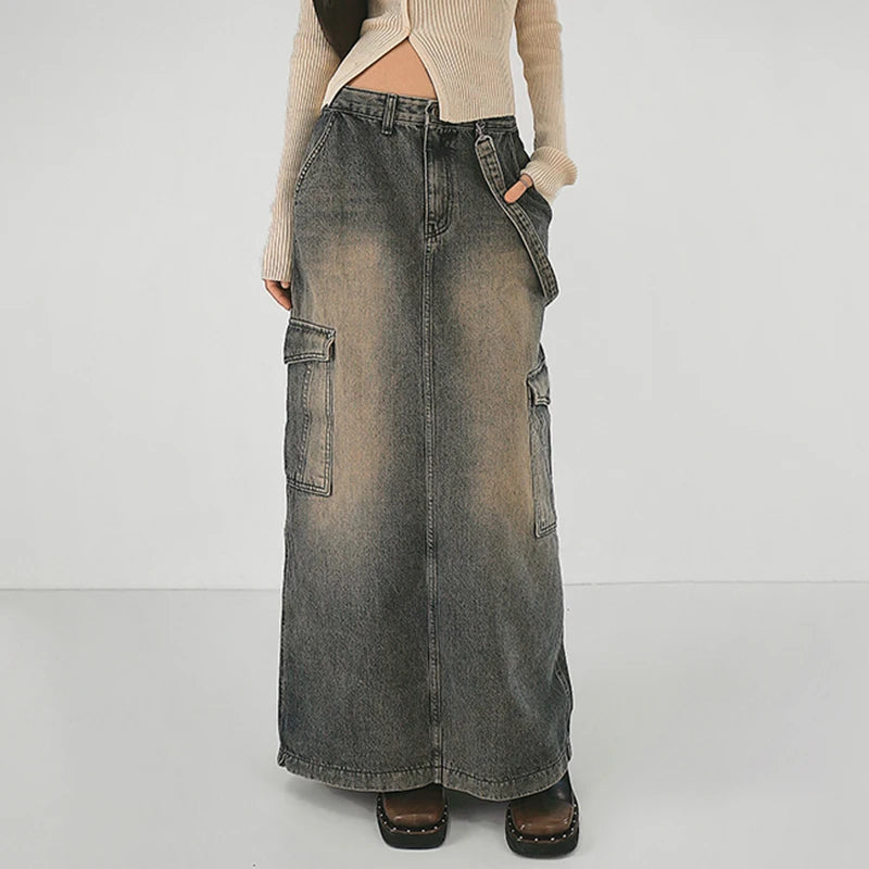 Y2K Side Strap Cargo Maxi Skirt - Trendy Grunge Aesthetic for Effortless Summer Style