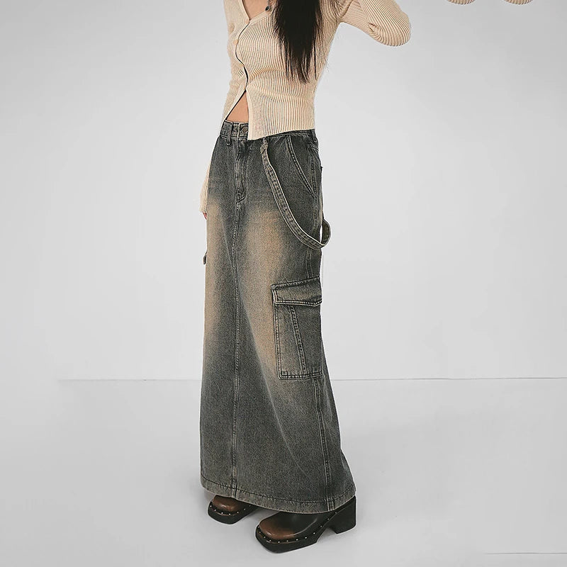 Y2K Side Strap Cargo Maxi Skirt - Trendy Grunge Aesthetic for Effortless Summer Style