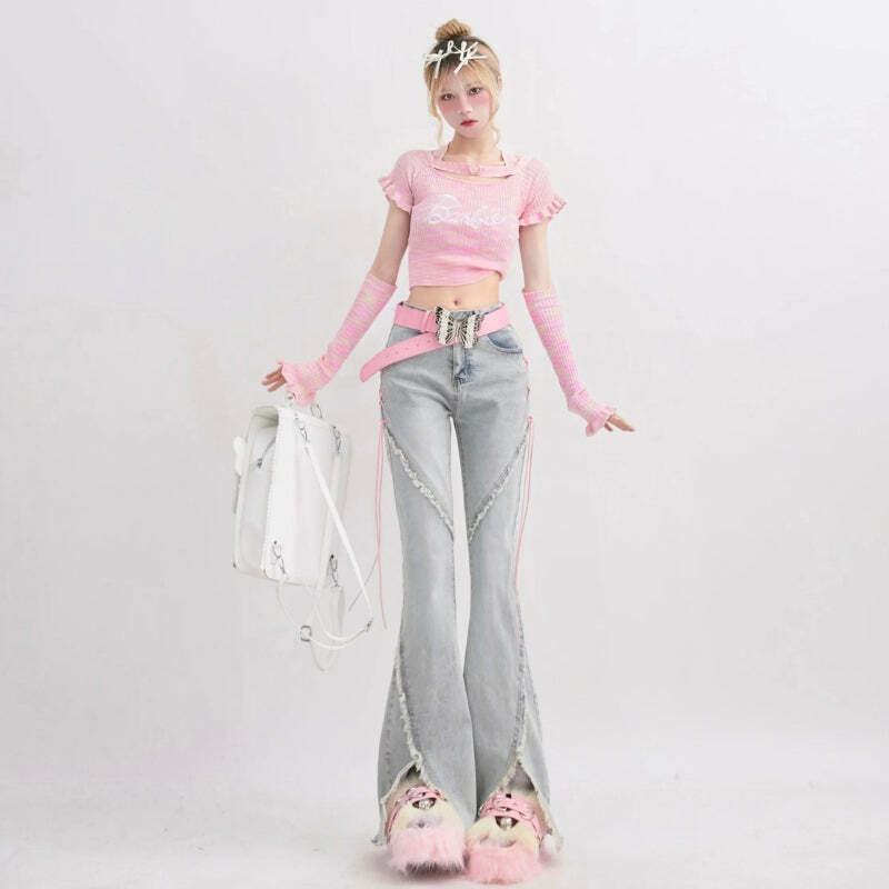 Y2K Soft Girl Lace-Up Slit Flare Jeans for Trendy Summer Outfits and Aesthetic Vibes