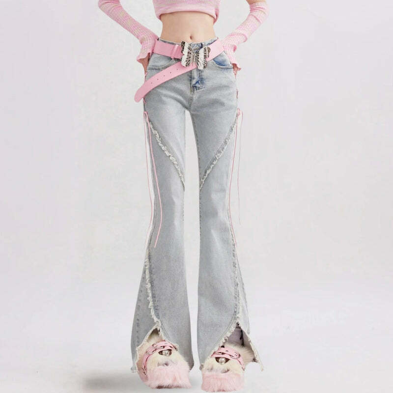 Y2K Soft Girl Lace-Up Slit Flare Jeans for Trendy Summer Outfits and Aesthetic Vibes