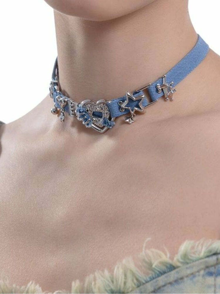 Y2K Sparkle Denim Choker Necklace - Trendy 2000s Fashion Accessory for a Chic Look