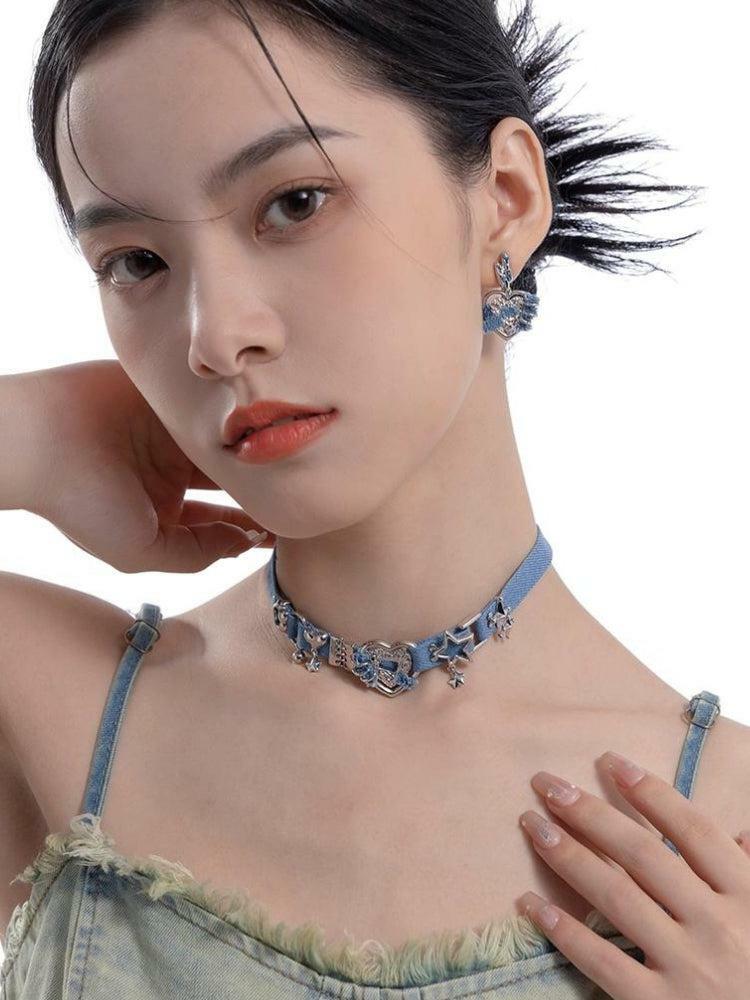 Y2K Sparkle Denim Choker Necklace - Trendy 2000s Fashion Accessory for a Chic Look