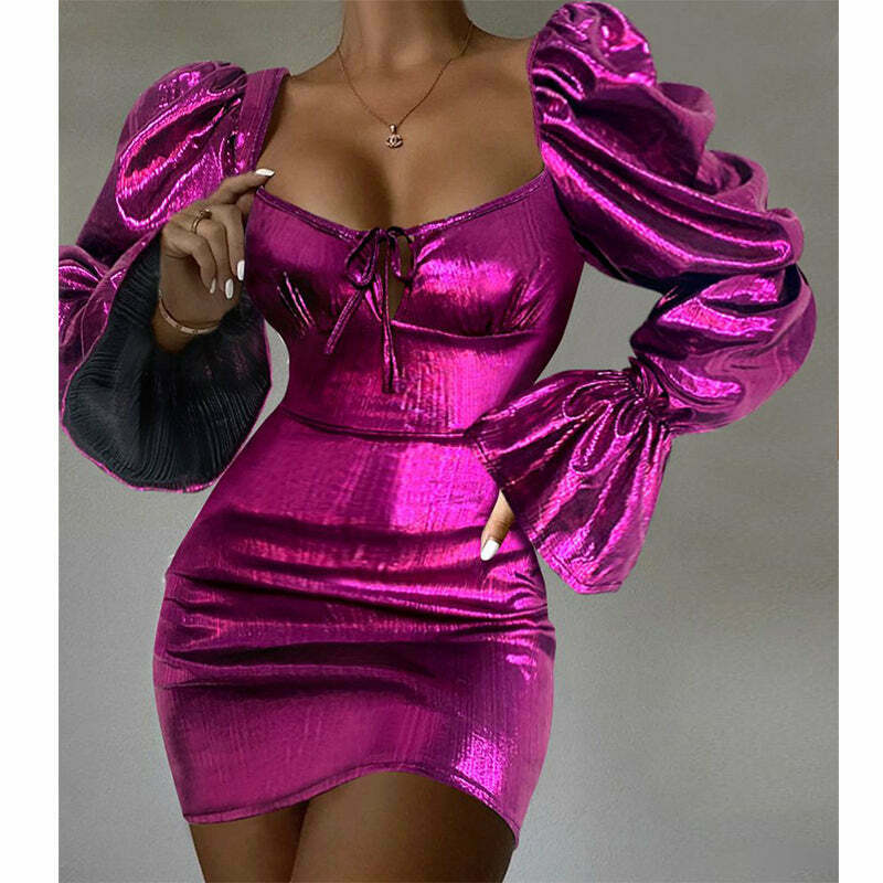 Y2K Square Collar Puff Sleeve Bodycon Dress - Cute Coquette Aesthetic Fashion Outfit