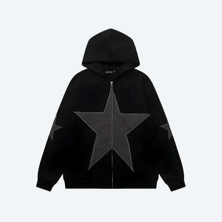 Y2K Star Patch Zip-Up Hoodie: Trendy Grunge Aesthetic for Effortless Summer Style