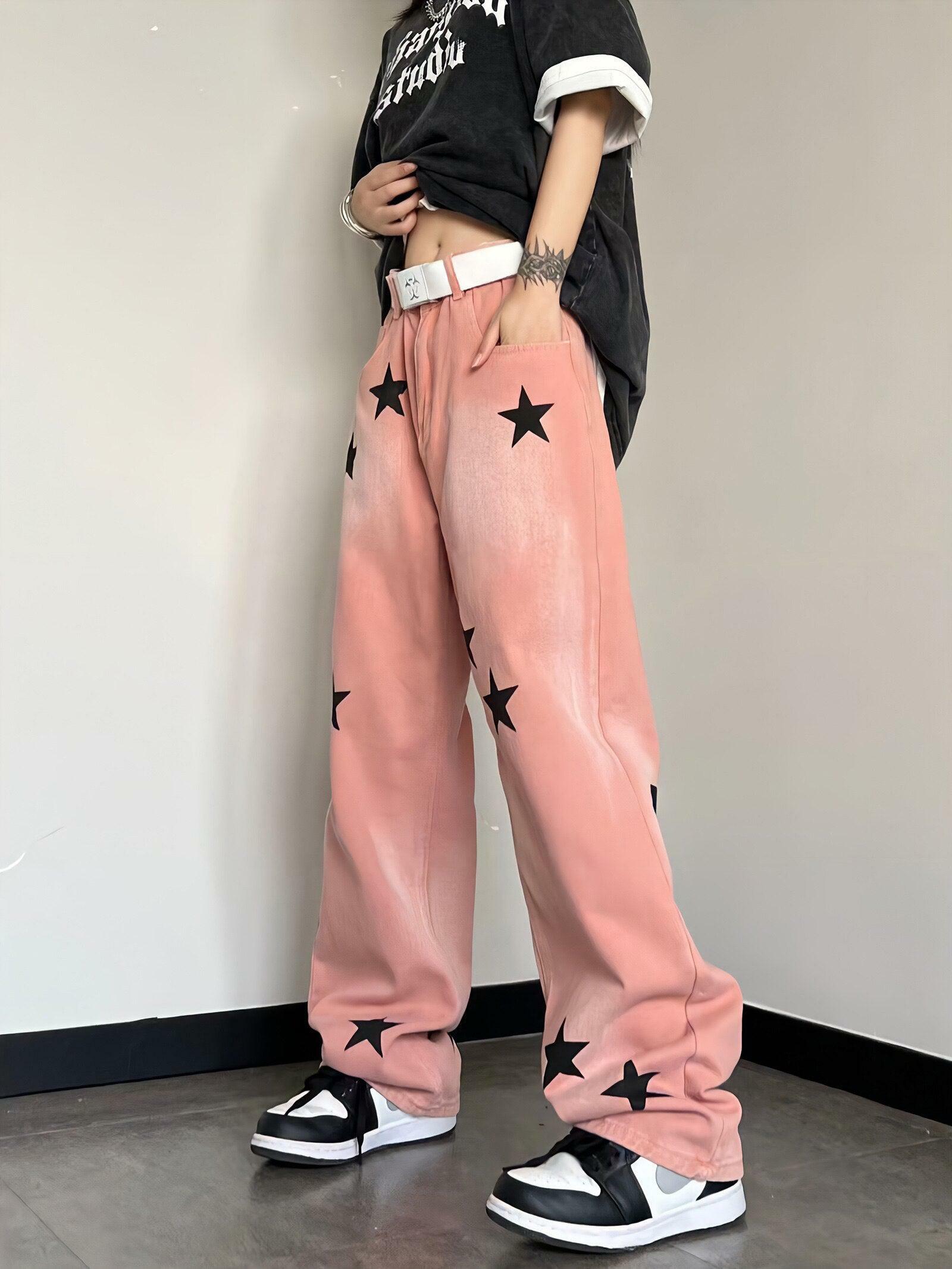 Y2K Star Print Baggy Jeans for Trendy Summer Outfits and Grunge Aesthetic Looks