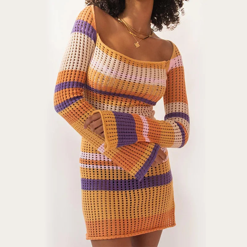 Y2K Striped Color Contrast Bodycon Mini Dress - Cute Casual Aesthetic Fashion