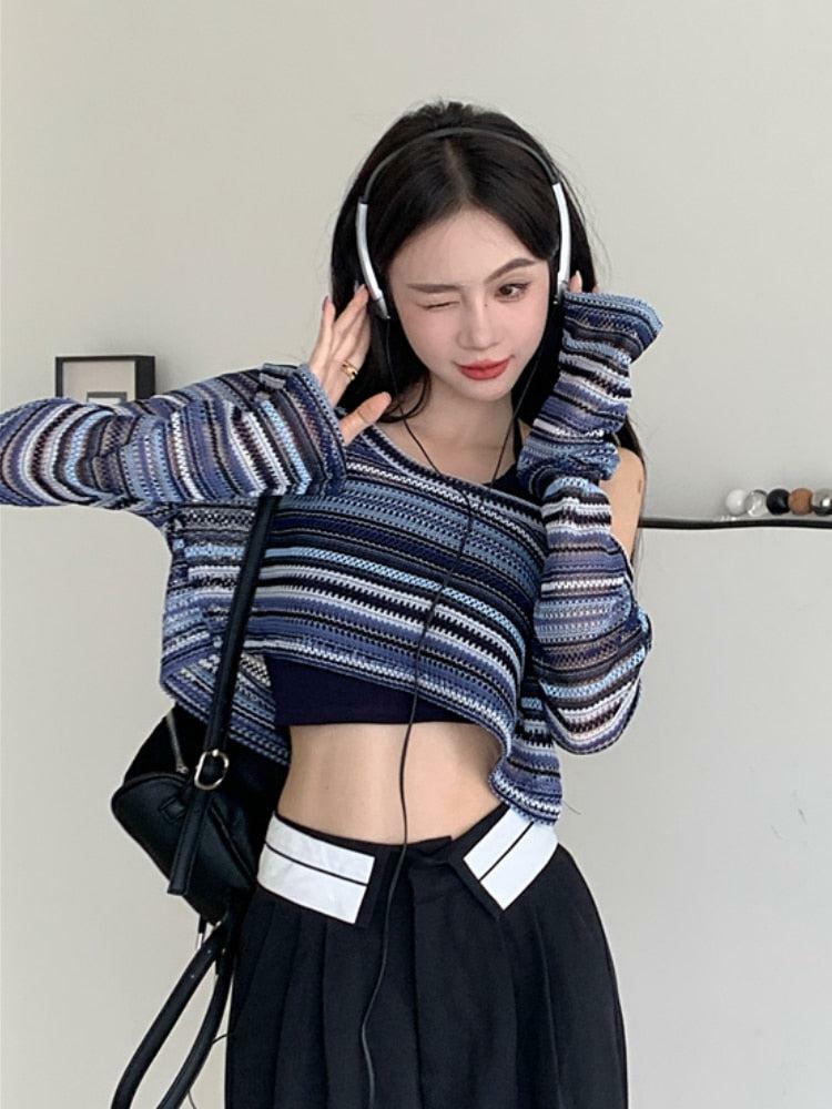 Y2K Striped Wide Neck Crop Sweater - Trendy Summer Layering for Grunge and Coquette Aesthetic