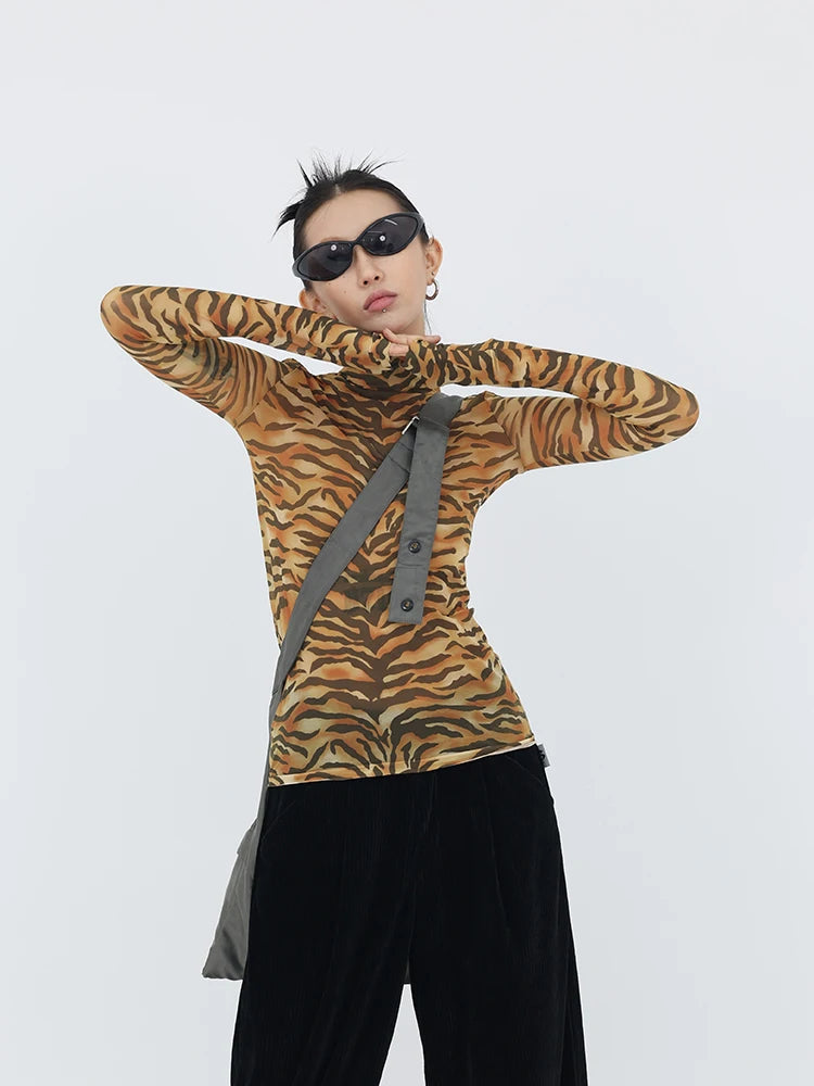 Y2K Tiger Print Mesh Top - Trendy Grunge Aesthetic for Summer Outfits and Casual Looks