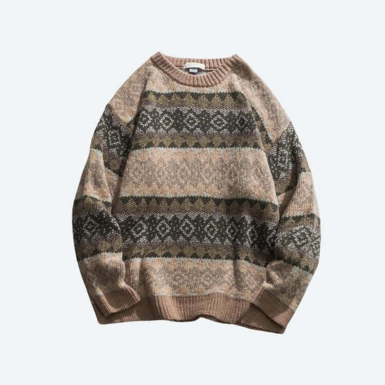 Y2K Vintage Jacquard Knitted Sweater - Cozy 90s Aesthetic for Effortless Style