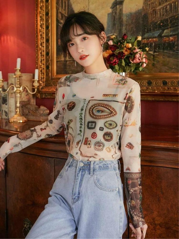 Y2K Vintage Symbols Sheer Top - Trendy Grunge Aesthetic for Effortless Summer Style