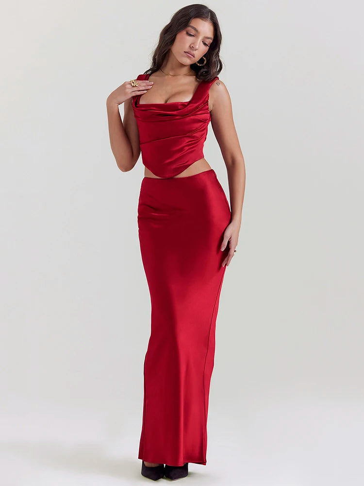 Y2K Wine Satin Corset Top & Maxi Skirt Set - Chic Summer Outfit for Effortless Style